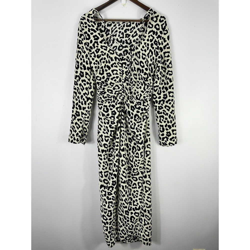 H&M Leopard Dress‎ S Beige Black Long Sleeve Ruched Bodycon Midi Animal Print